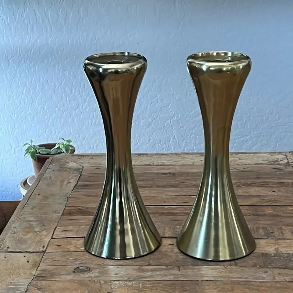 Modern Gold Tone Metal Candlestick Holders Nambe Style 12
